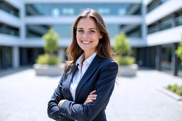 Smiling young businesswoman posing in front of a plaza - Generative AI