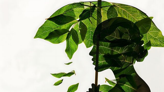 A silhouette of a person under an umbrella crafted from vibrant green leaves, symbolizing the deep connection between humanity and nature in a minimalist style.
