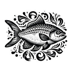 Fototapeta premium piranha fish with victorian flourish decoration, stencil logo, black and white animal illustration