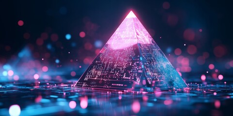 This intricate 3D pyramid model features advanced data analysis tools, vibrant HUD interfaces, and dynamic lighting effects that enhance its visual appeal and immersive experience