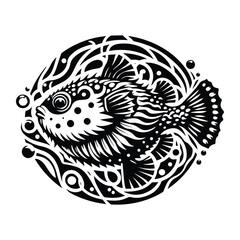 Pufferfish with art nouveau decoration, stencil logo, black and white animal illustration