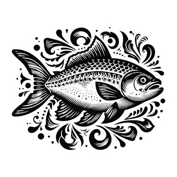 recommend clip art: piranha fish with victorian flourish decoration, stencil logo, black and white animal illustration