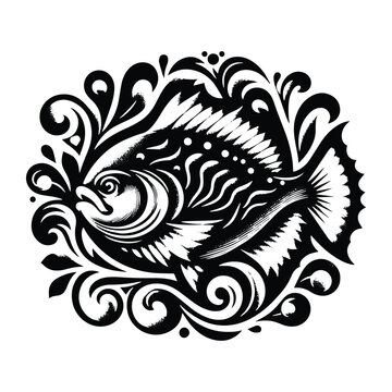 recommend clip art: piranha fish with victorian flourish decoration, stencil logo, black and white animal illustration