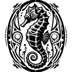 Seahorse with art nouveau decoration, stencil logo, black and white animal illustration