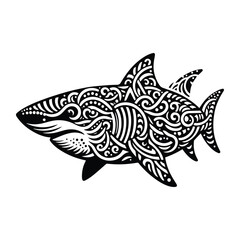 Naklejka premium Shark fish in zentangle art, stencil logo, black and white animal illustration