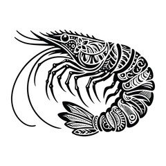 Shrimp in zentangle art, stencil logo, black and white animal illustration