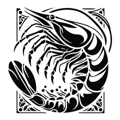 Shrimp with art nouveau decoration, stencil logo, black and white animal illustration
