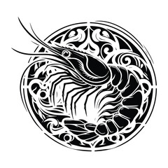 Fototapeta premium Shrimp with art nouveau decoration, stencil logo, black and white animal illustration