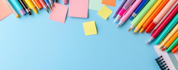 Fototapeta premium Overhead view of a desk with colorful pens and sticky notes, multitasking, creative workspace