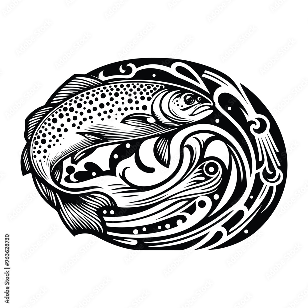 Wall mural Trout fish with art nouveau decoration, stencil logo, black and white animal illustration