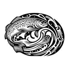 Trout fish with art nouveau decoration, stencil logo, black and white animal illustration