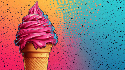It is a ice cream ad designed like a comic book cover. It's a pop art ice cream ad. ice cream advertisement banner with copy space.