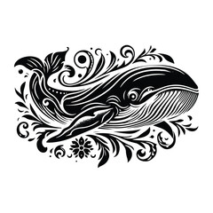 Fototapeta premium Whale fish with victorian flourish decoration, stencil logo, black and white animal illustration