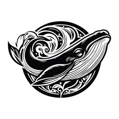 Fototapeta premium Whale fish with art nouveau decoration, stencil logo, black and white animal illustration