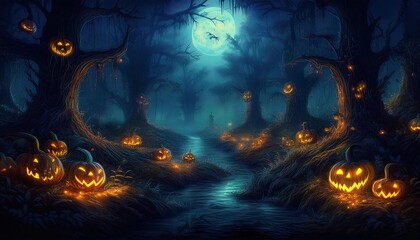 Obraz premium halloween background - scary forest at night, pumpkins, skulls, cemetery, moon