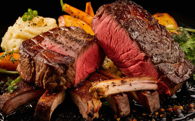 the chuck or chuck steak and the ribs or ribs, a naturally tender and red meat. It looks deliciously cooked, with pepper and salt sprinkled on the prime beef. With side dishes on the side