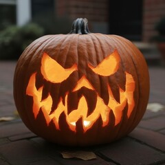 A carved pumpkin with a menacing face, illuminated from within, sits on a brick porch, perfect for Halloween decorations or spooky-themed events,