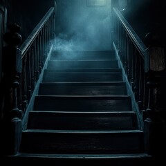 Fototapeta premium Dimly lit, eerie staircase with wooden sides, enveloped in misty atmosphere, ideal for horror or mystery-themed projects, haunted house promotions, or cinematic stills,