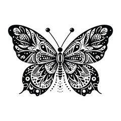 Butterfly insect in zentangle art, stencil logo, black and white animal illustration