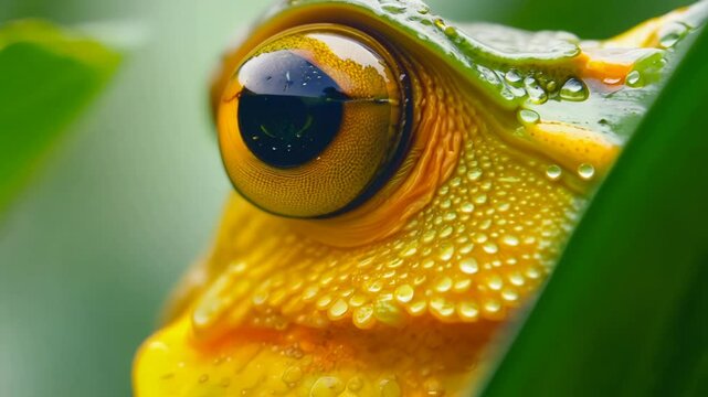 frog,eye,yellow,green,close-up,macro,nature,habitat,tinctorius,dendrobates,wildlife,reflection,detail,colors,textures,amphibian,environment,Amazon,rainforest,wetland,biology,animal,natural world,speci
