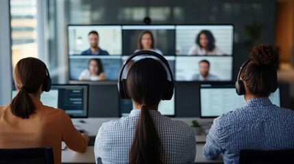 Team in a hybrid meeting setup with both physical and virtual participants, multitasking, inclusive collaboration