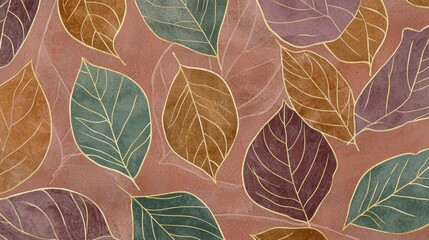 Seamless pattern with detailed leaves in earthy tones with golden veins, creating a luxurious and organic feel for autumn designs