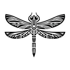 Fototapeta premium Dragonfly insect with art deco decoration, stencil logo, black and white animal illustration ,