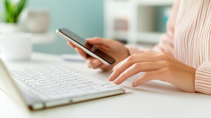 Fototapeta premium Woman typing on a keyboard while checking notes on a smartphone, multitasking, effective communication