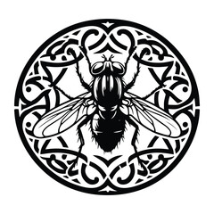 Obraz premium flies insect with art nouveau decoration, stencil logo, black and white animal illustration