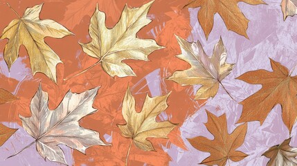 Fototapeta premium Repeating pattern of golden autumn leaves in various shades of brown and orange, set against a textured background of orange and purple hues. This design evokes the warm and cozy feelings of fall