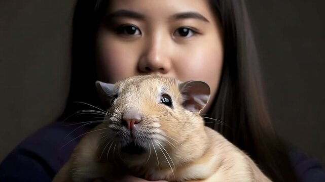 A cheerful young woman interacts with her lovable hamster, highlighting their special bond in a warm, intimate indoor environment during the evening.