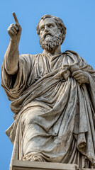 Obraz premium A marble statue of Plato, a Greek philosopher, pointing towards the sky with a thoughtful expression.