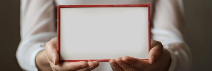 Hands presenting a small blank whiteboard framed in red.