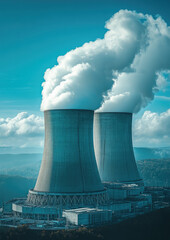 Obraz premium nuclear power plant against blue sky, reactor, cooling tower, atomic energy, steam from pipes, industrial architecture, smoke, ecology, environment, electricity generation, electric