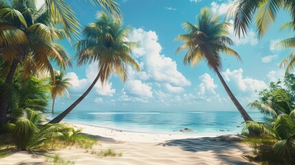 Obraz premium Scenic tropical beach setting with palm trees, ideal for holidays.