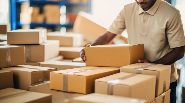 A man in a beige shirt stacks cardboard boxes in a warehouse. The boxes are neatly arranged and ready for shipping.