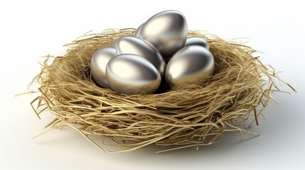 Obraz premium A nest of golden hay holds a clutch of shiny silver eggs.