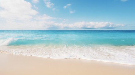 A serene seascape with crystal-clear turquoise water gently lapping onto a pristine white sandy beach.