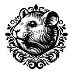 Hamster with victorian flourish decoration, stencil logo, black and white animal illustration