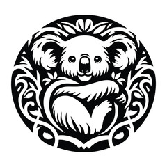 Koala with art nouveau decoration, stencil logo, black and white animal illustration