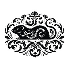 Fototapeta premium Mole with victorian flourish decoration, stencil logo, black and white animal illustration