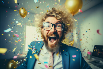Joyful businessman celebrating man having a business party having fun in the office