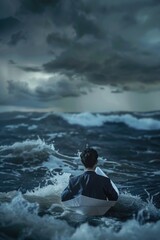Obraz premium A man is in the ocean, holding a white umbrella. The sky is dark and stormy, and the waves are crashing around him. Scene is tense and ominous