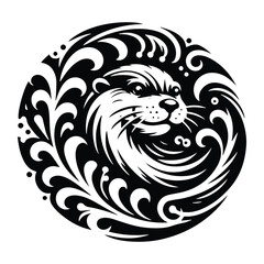 otter with victorian flourish decoration, stencil logo, black and white animal illustration