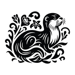 otter with victorian flourish decoration, stencil logo, black and white animal illustration