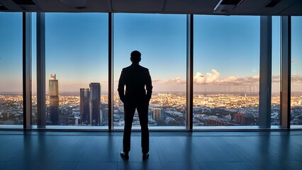 Fototapeta premium Businessman near window in business center. Businessman stands in office with panoramic window and looks at metropolis. Concept: at the top of success.