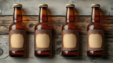 a row of brown bottles with blank labels. 