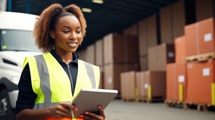 A young woman in a safety vest uses a tablet to check inventory in a warehouse.