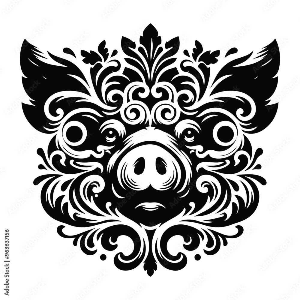 Wall mural Pig with victorian flourish decoration, stencil logo, black and white animal illustration