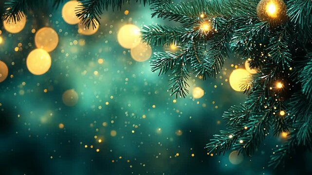 Christmas tree branch with lights on a green background.